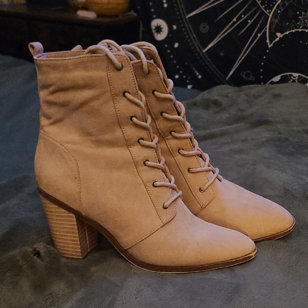 Tan Lace Up Boots with Wooden Heel